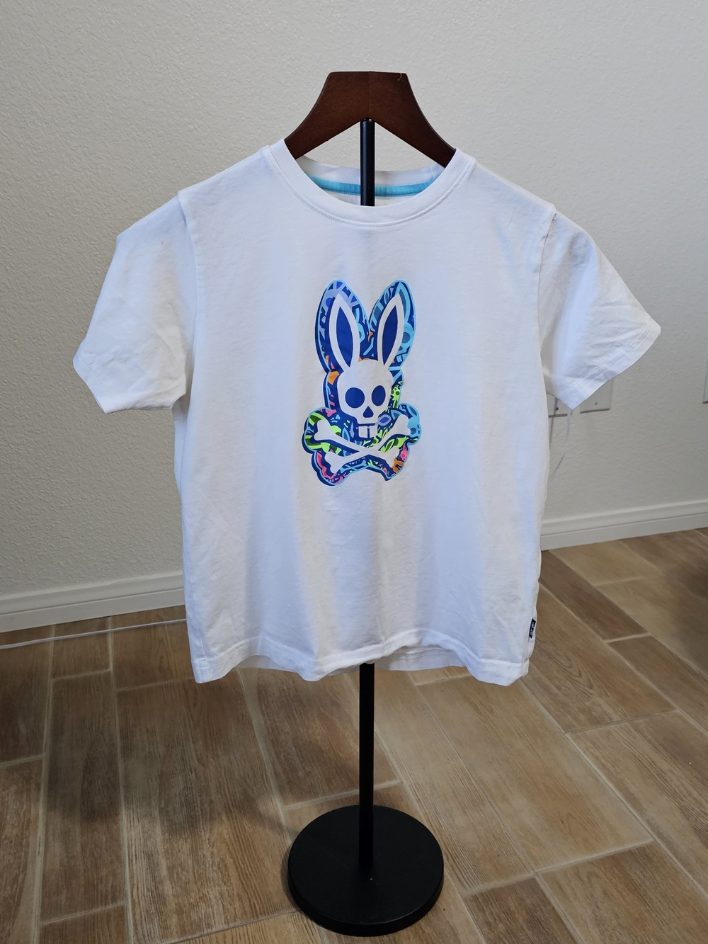 Psycho Bunny White Tee with Multicolor Bunny Skull Graphic, Child 10/12